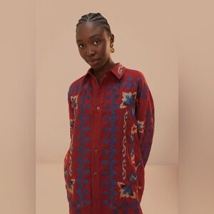 FARM RIO Red Floral Embroidery Jacquard Shirt